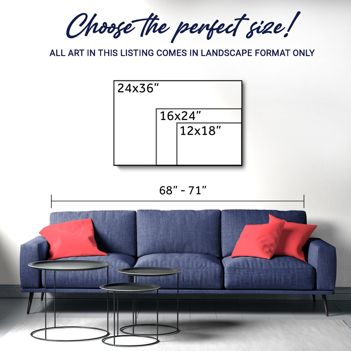 Blue sofa with red pillows and a wall art size chart in a room setting.