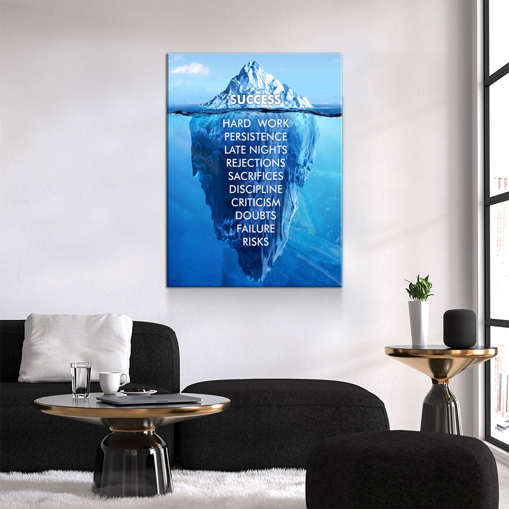 Motivational poster with iceberg and text in a modern living room.