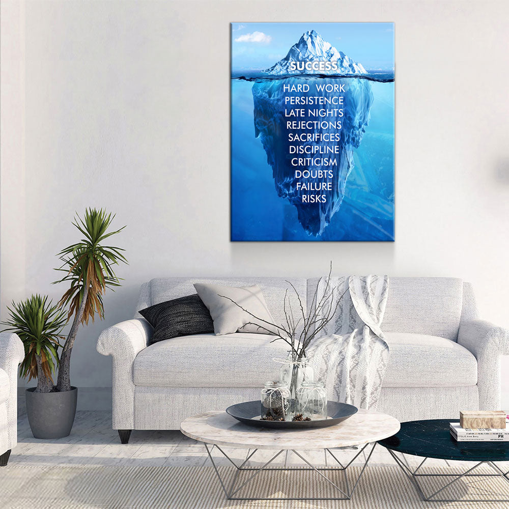Living room with a motivational wall art piece above a sofa