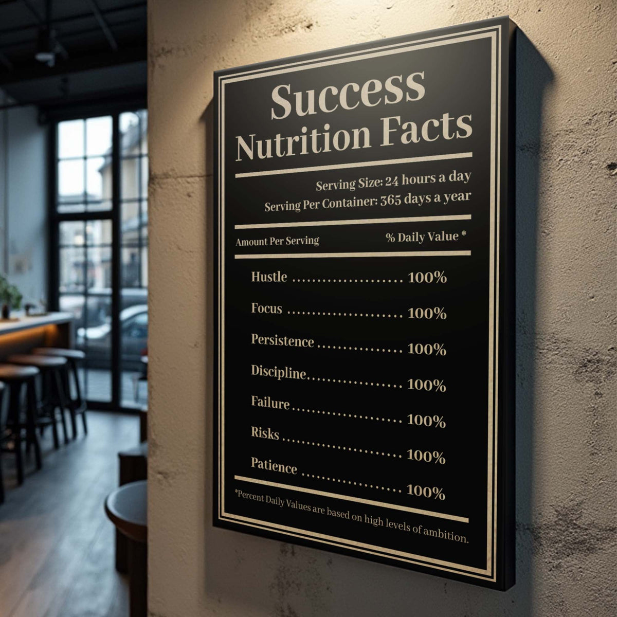 Decorative sign titled 'Success Nutrition Facts' on a wall in a modern interior setting.