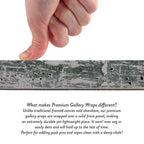 A close-up of a hand pressing down on a textured gallery wrap canvas to demonstrate its rigidity, with descriptive text below explaining the product's durability and use for adding push pins.