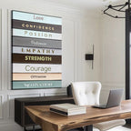 Decorative wall art with motivational words in a modern office setting