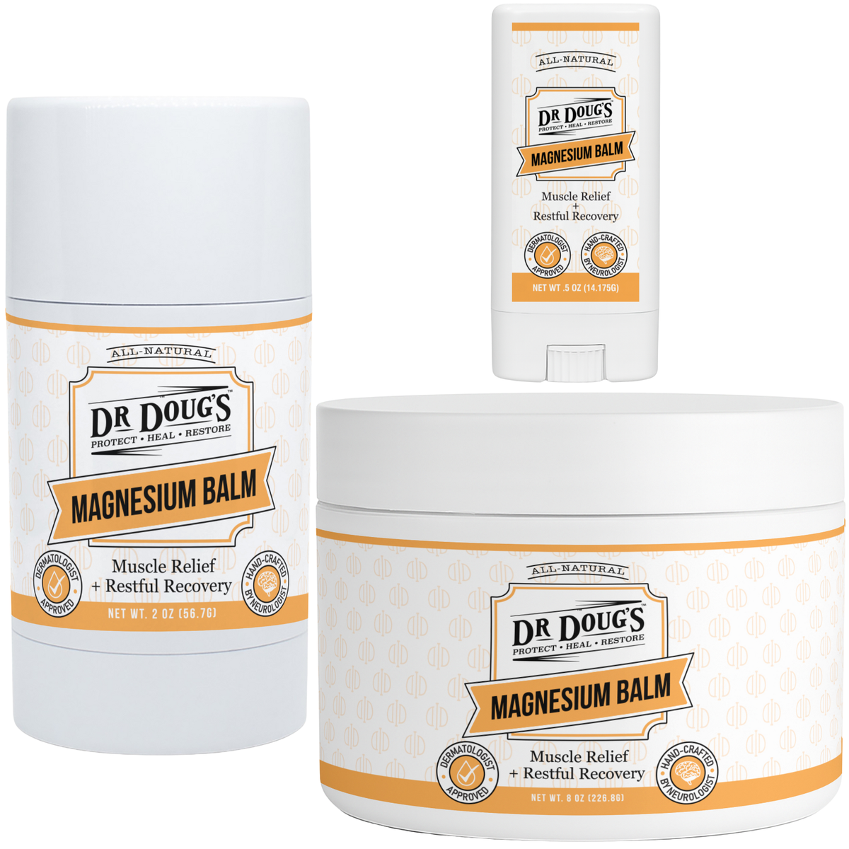 Three containers of Dr. Doug's Magnesium Balm on a white background