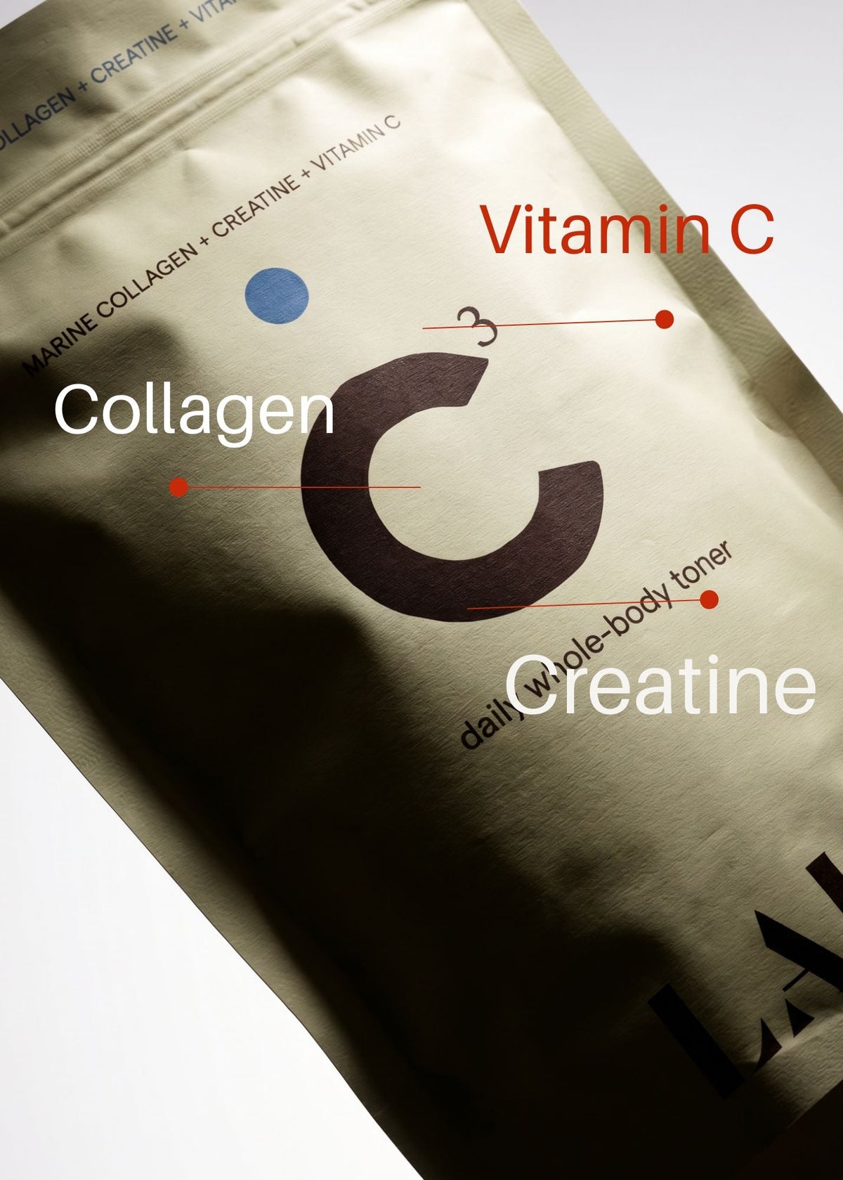 A close-up of a metallic silver supplement pouch with printed text and a large dark brown letter C. White and red labels point to the C and surrounding text reading Collagen, Vitamin C, and Creatine.