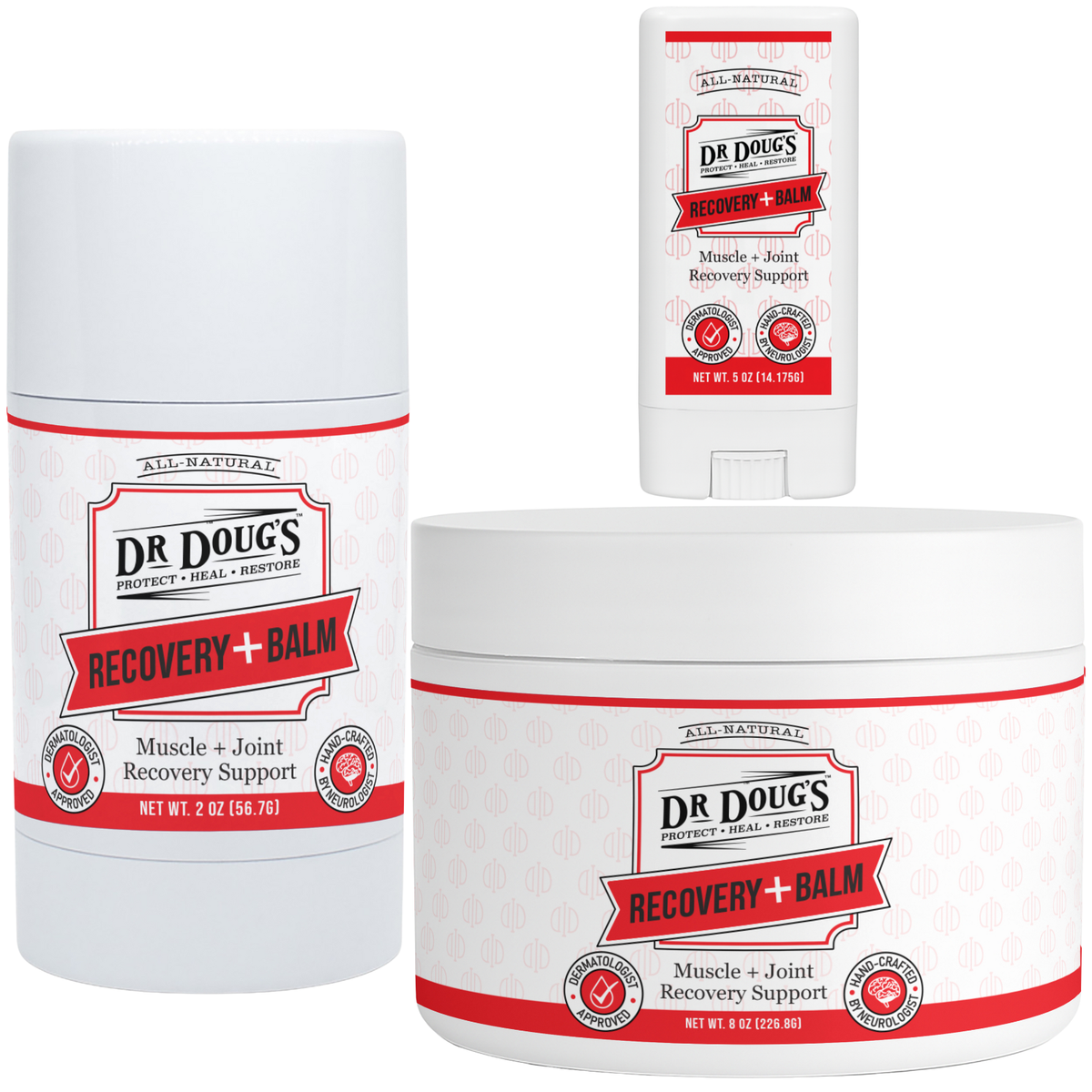 Three containers of Dr. Doug's Recovery Balm on a white background
