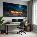 Modern home office with a large wall-mounted TV displaying an image of a desert scene with text.
