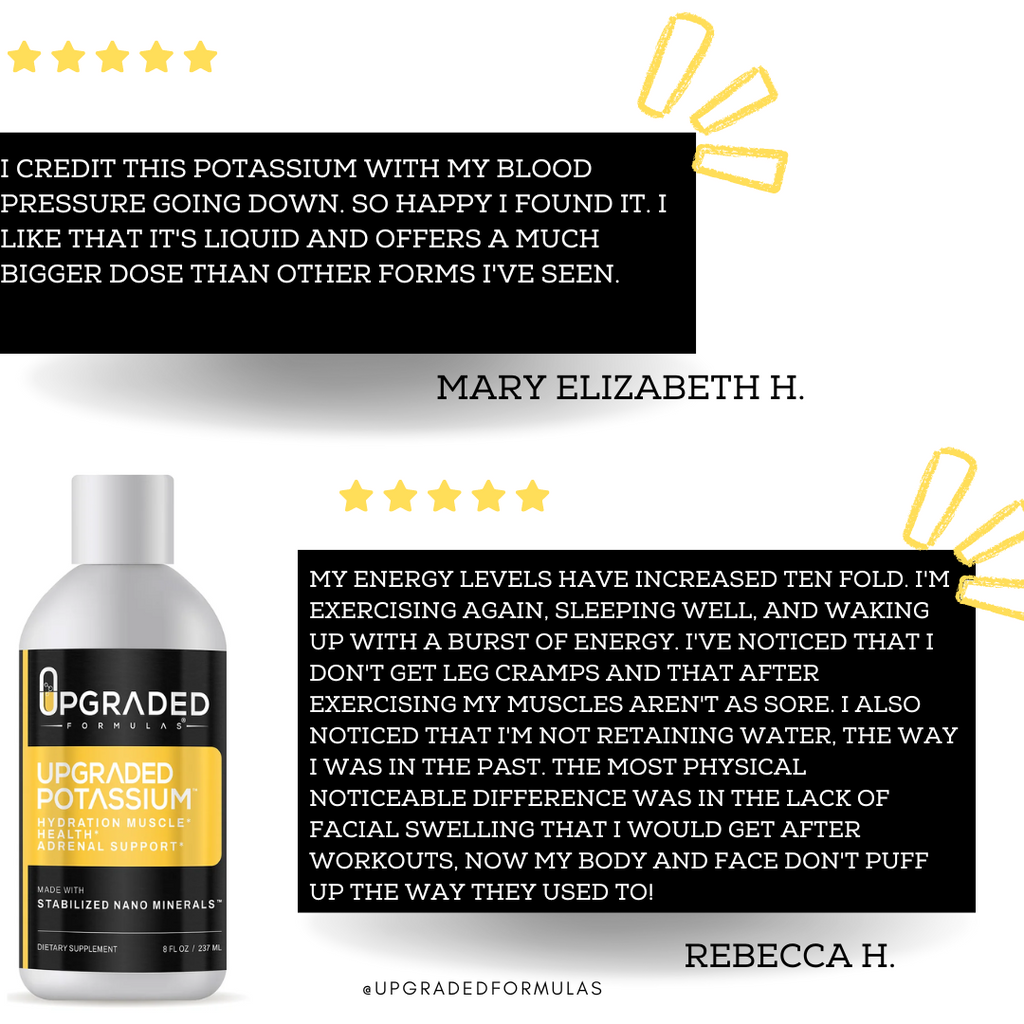 Upgraded Potassium supplement bottle with customer reviews on a white background