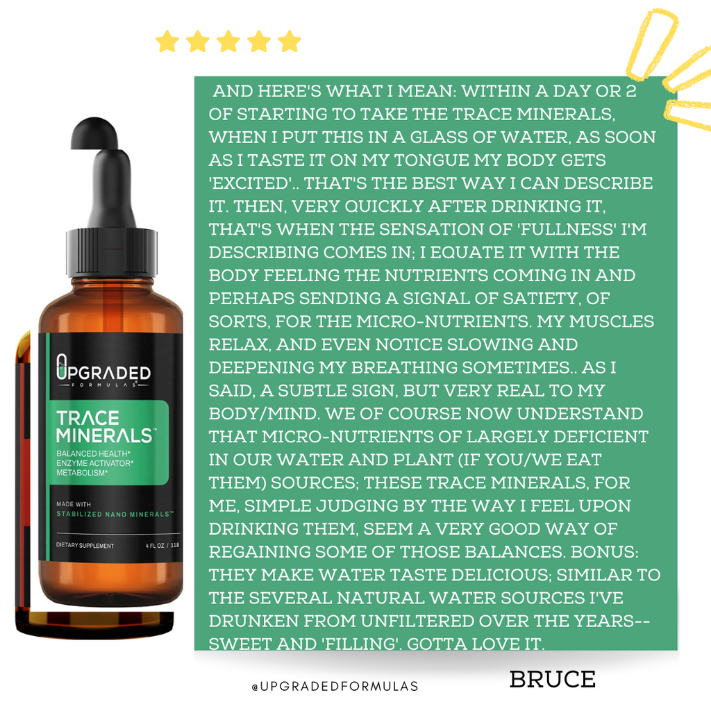 Bottle of Upgraded Formulas Trace Minerals with customer review text on a green background