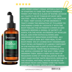 Bottle of Upgraded Formulas Trace Minerals with customer review text on a green background