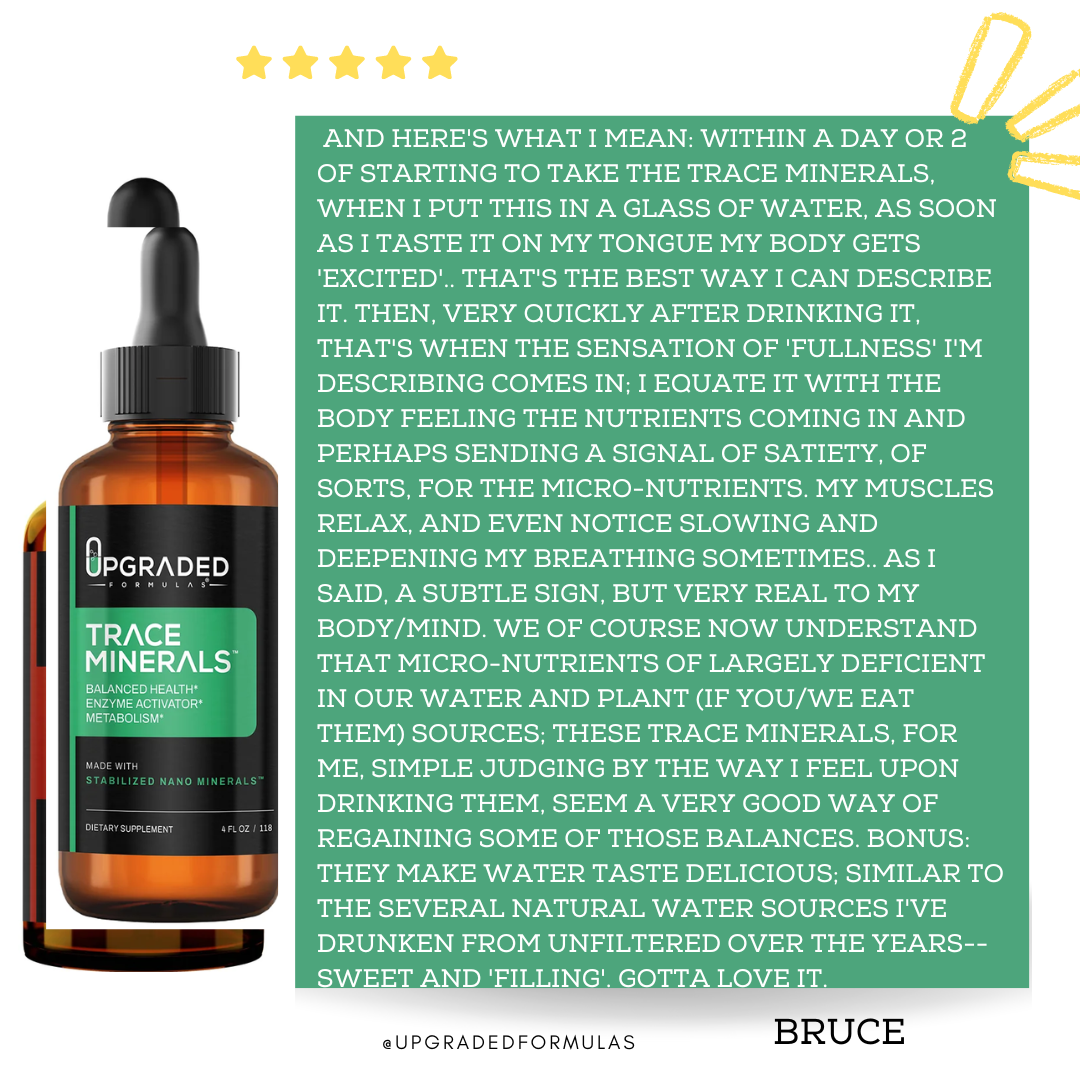 Bottle of Upgraded Formulas Trace Minerals with customer review text on a green background