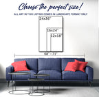 Sofa with red pillows and a wall art measurement guide in a room setting.