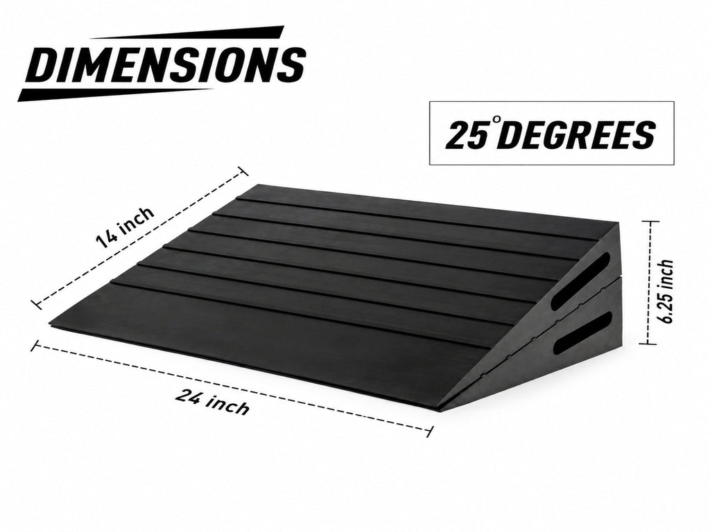 Black wedge-style ramp shown with dimension callouts reading 14 inch, 24 inch, 6.25 inch, and 25 degrees on a white background.
