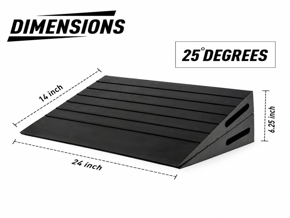 Black wedge-style ramp shown with dimension callouts reading 14 inch, 24 inch, 6.25 inch, and 25 degrees on a white background.
