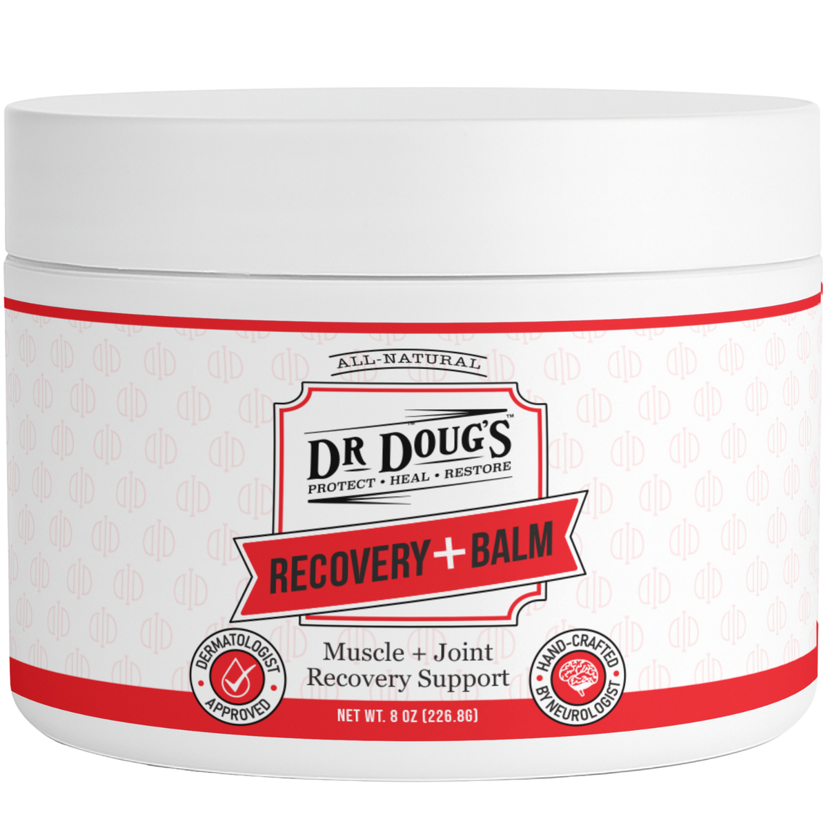 Dr Doug's Recovery Balm jar with white and red label