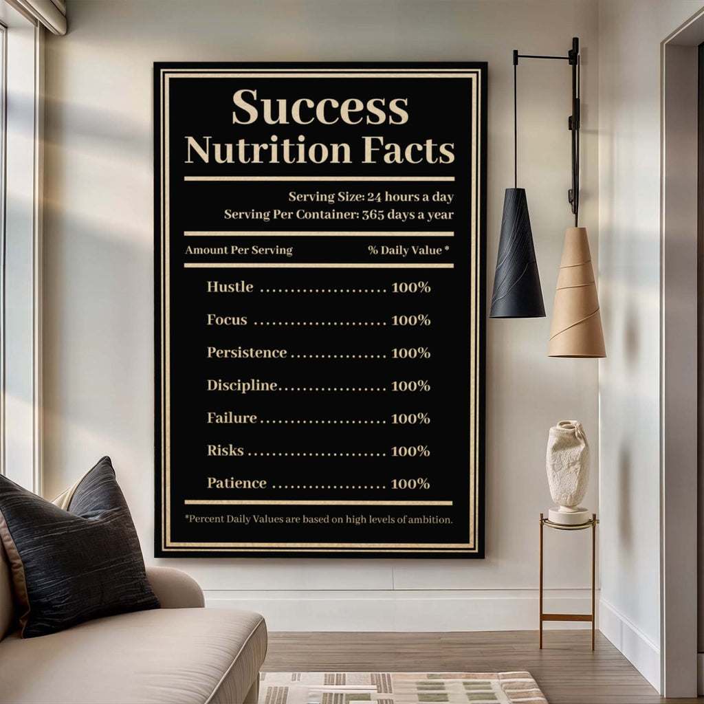 Framed poster titled 'Success Nutrition Facts' in a modern interior setting.