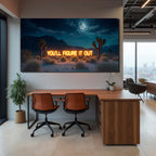 Modern office space with a large wall art piece displaying a desert scene with cacti and a neon sign.