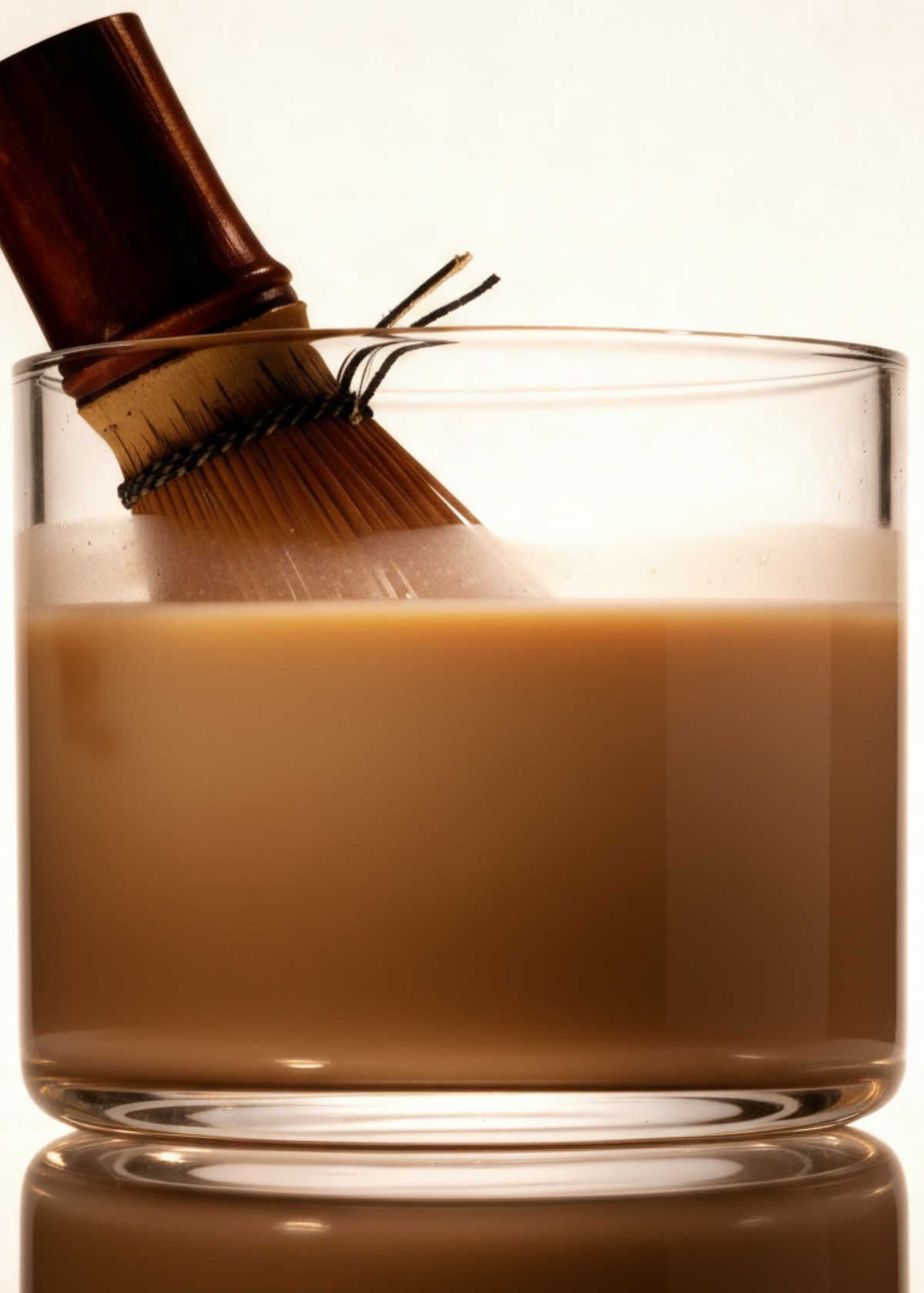 Glass of creamy liquid with a wooden brush on a white background