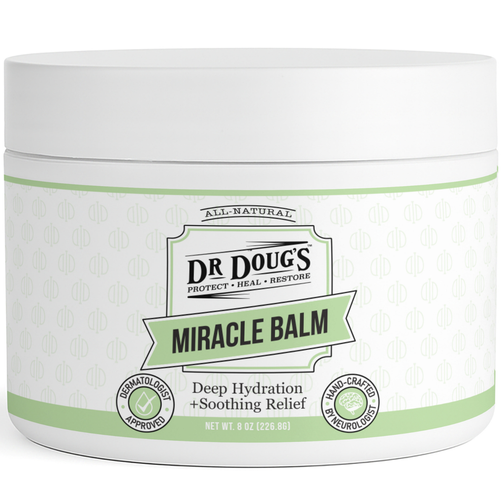 Dr Doug's Miracle Balm jar with green label on a white background