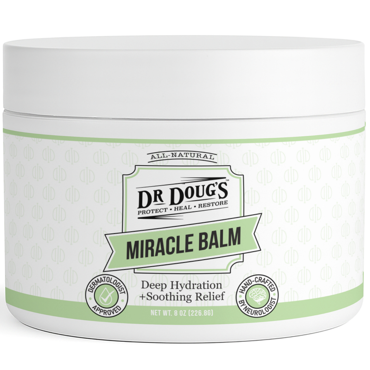 Dr Doug's Miracle Balm jar with green label on a white background