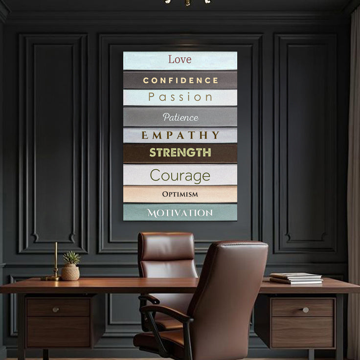 Decorative wall art with motivational words in a home office setting