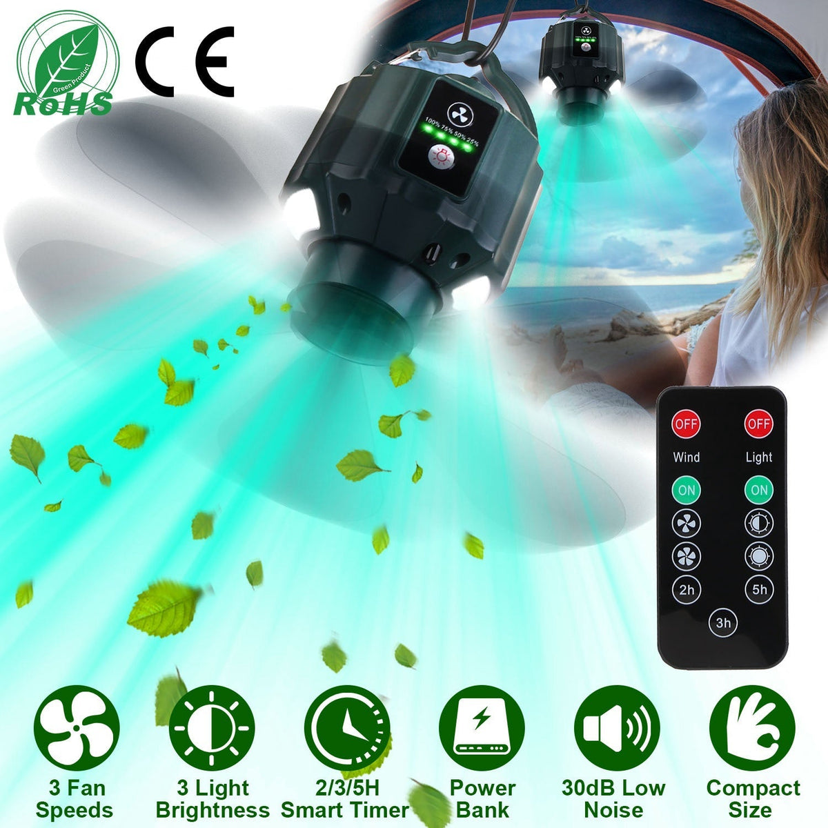 Futuristic air conditioning unit with remote control, green leaves, and beach scene.