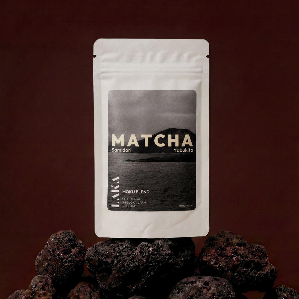 Matcha powder package on a dark background