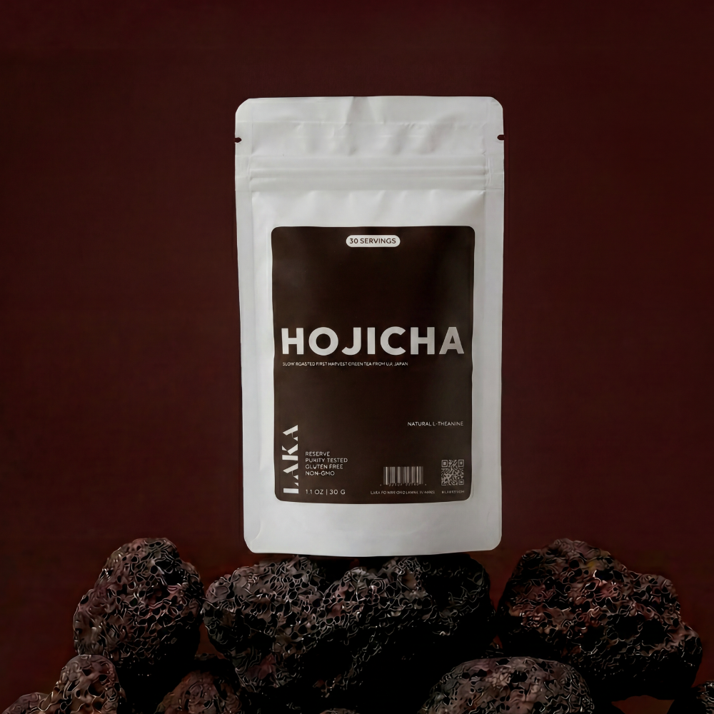 White packaging of Hojicha tea with a brown label on a dark brown background