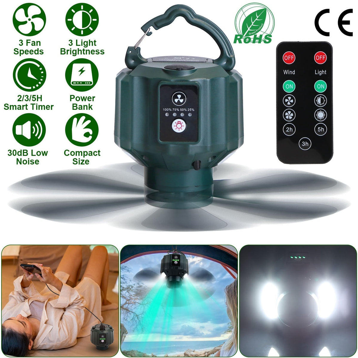 Portable fan and light with remote control, features listed, and usage scenarios.