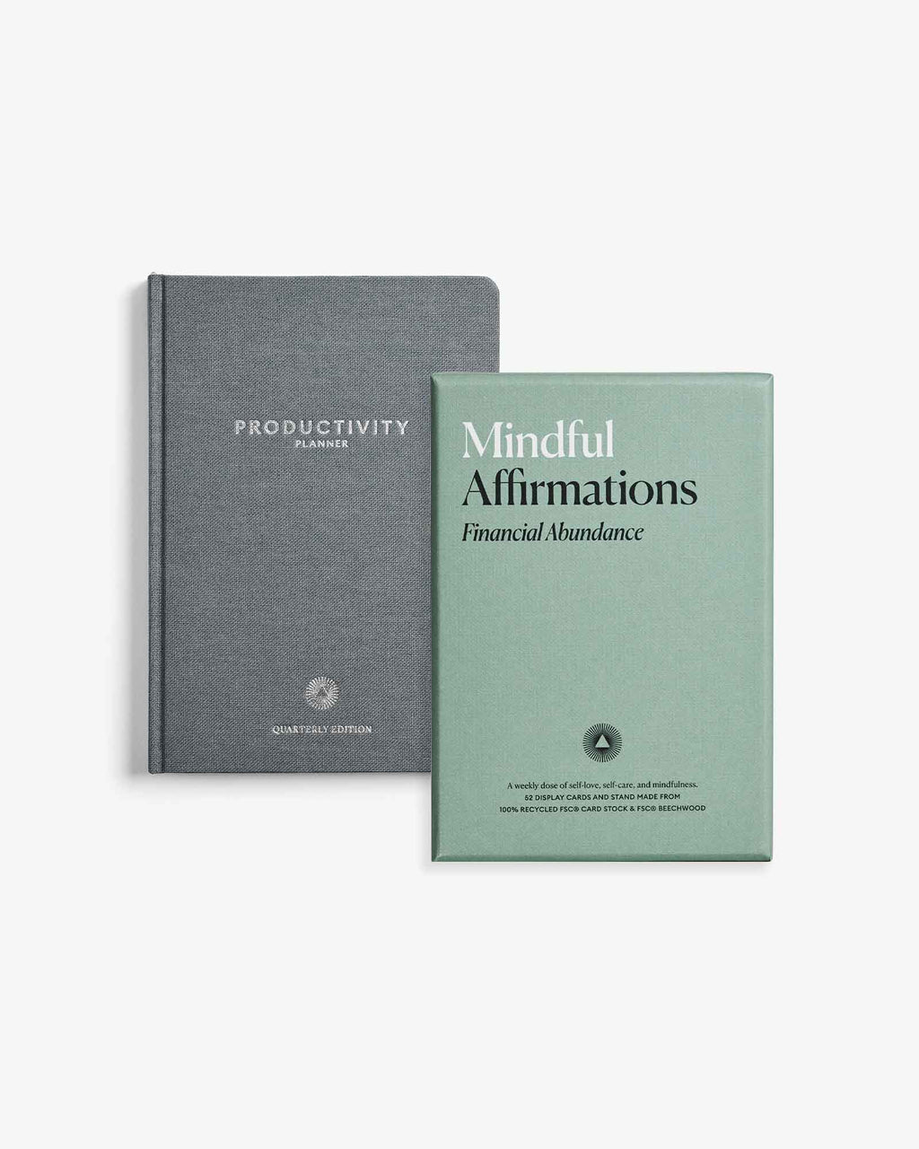 Two books titled 'Productivity Planner' and 'Mindful Affirmations Financial Abundance' on a white background.