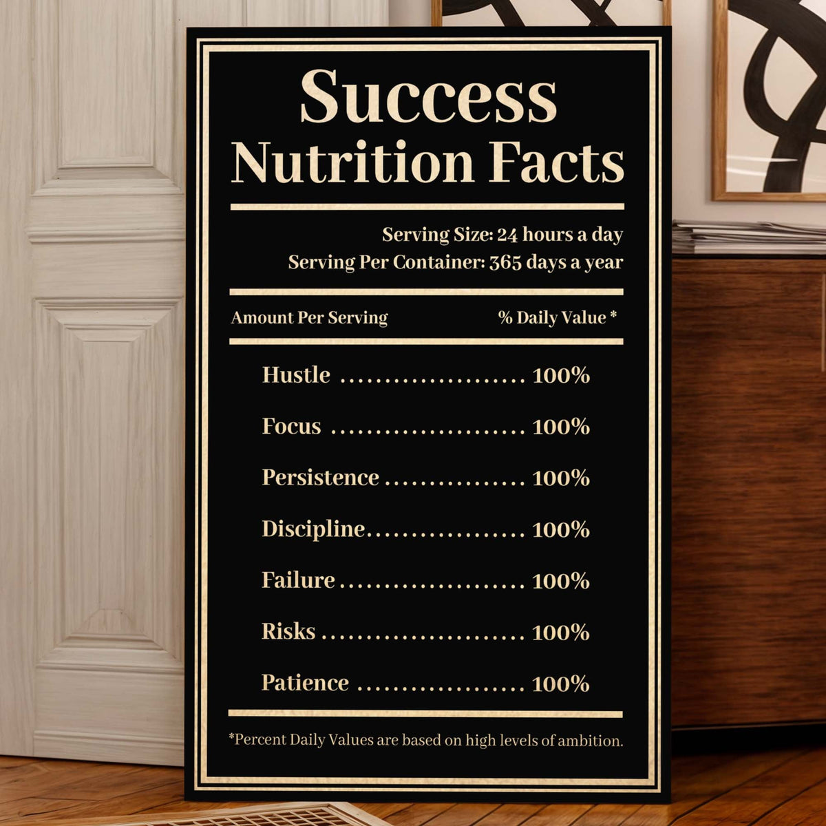 Poster titled 'Success Nutrition Facts' on a wooden floor.