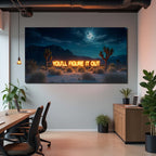 Modern office with a large screen displaying a desert scene with text 'You'll Figure It Out'.