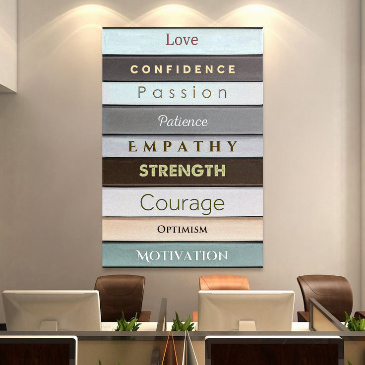 Motivational wall art with words like 'Love', 'Confidence', 'Passion' in a modern office setting.