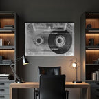 Modern office interior with a desk, chair, and wall art featuring a cassette tape design.