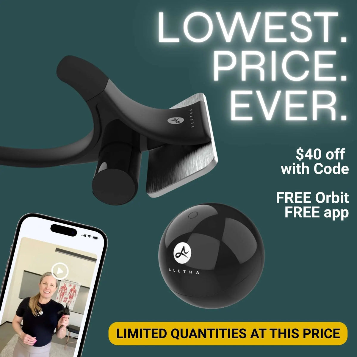 Advertisement for a product with a phone, ball, and car mount on a green background.