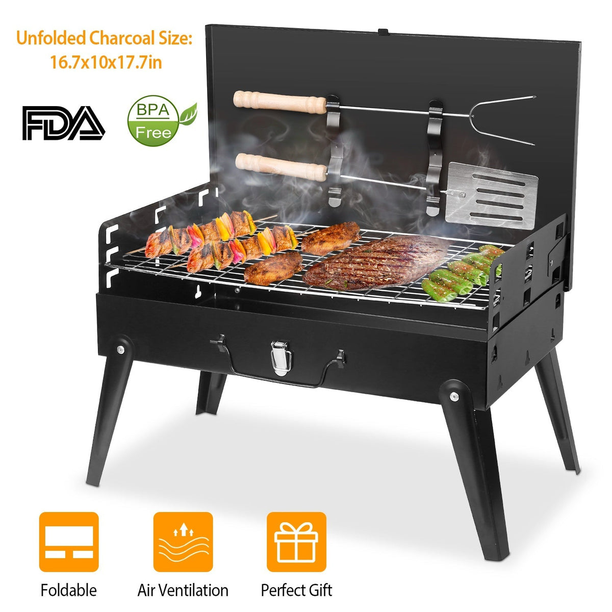 Black portable grill with food being cooked, featuring FDA and BPA-free logos.
