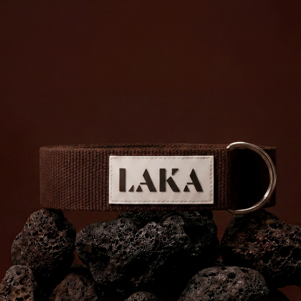 Brown belt with a silver buckle labeled 'LAKA' on a dark brown background