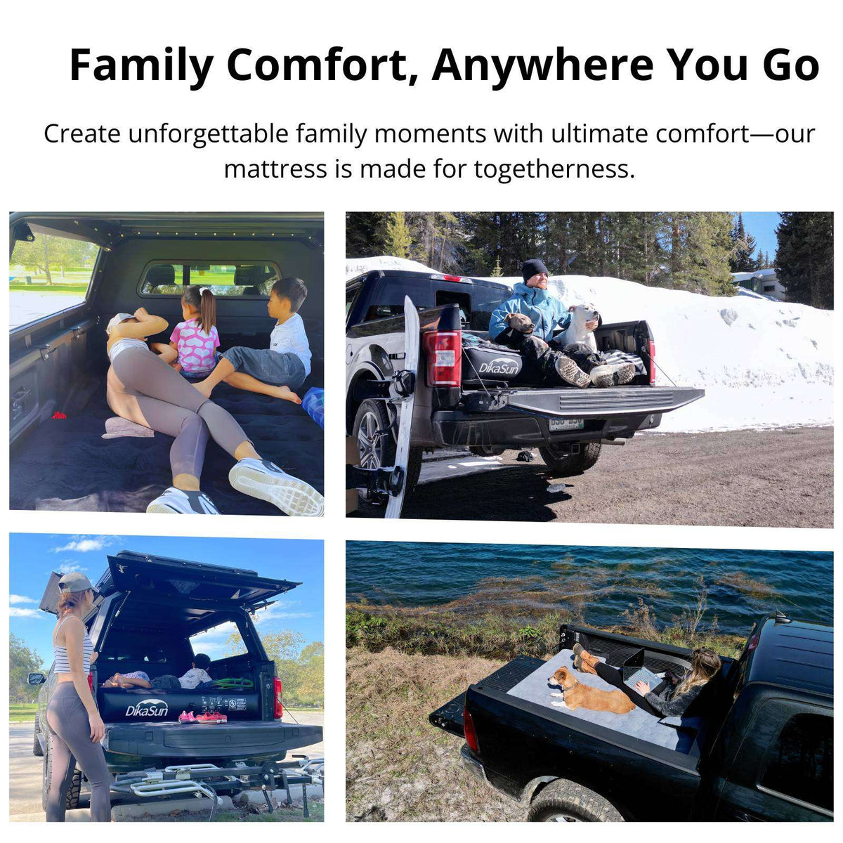Collage of people using a truck bed mattress in various outdoor settings.