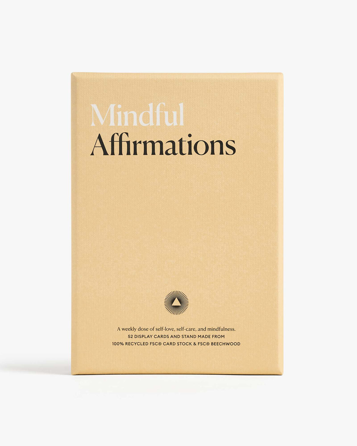 Card deck packaging titled 'Mindful Affirmations' on a beige background