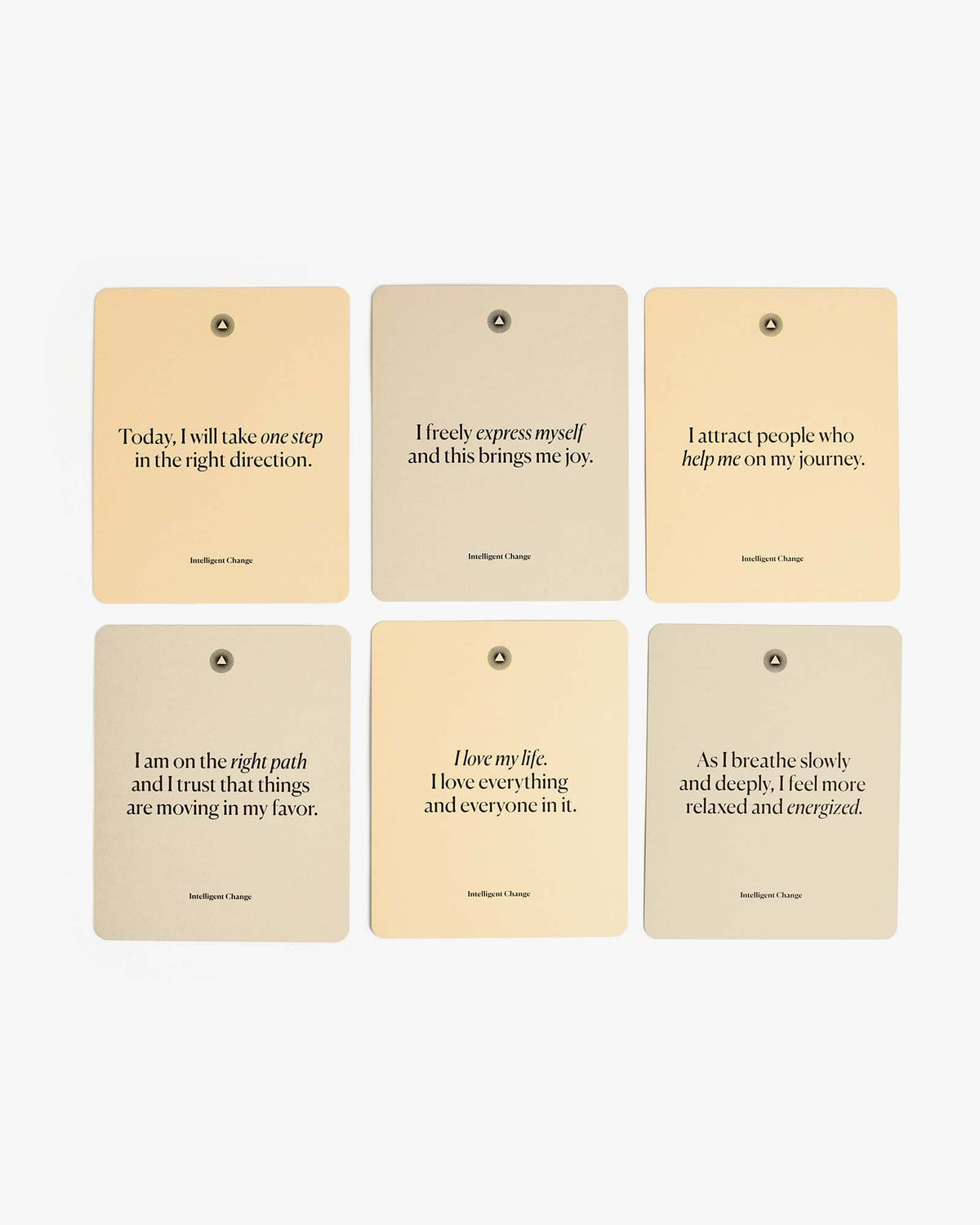 Set of six motivational cards with affirmations on a white background