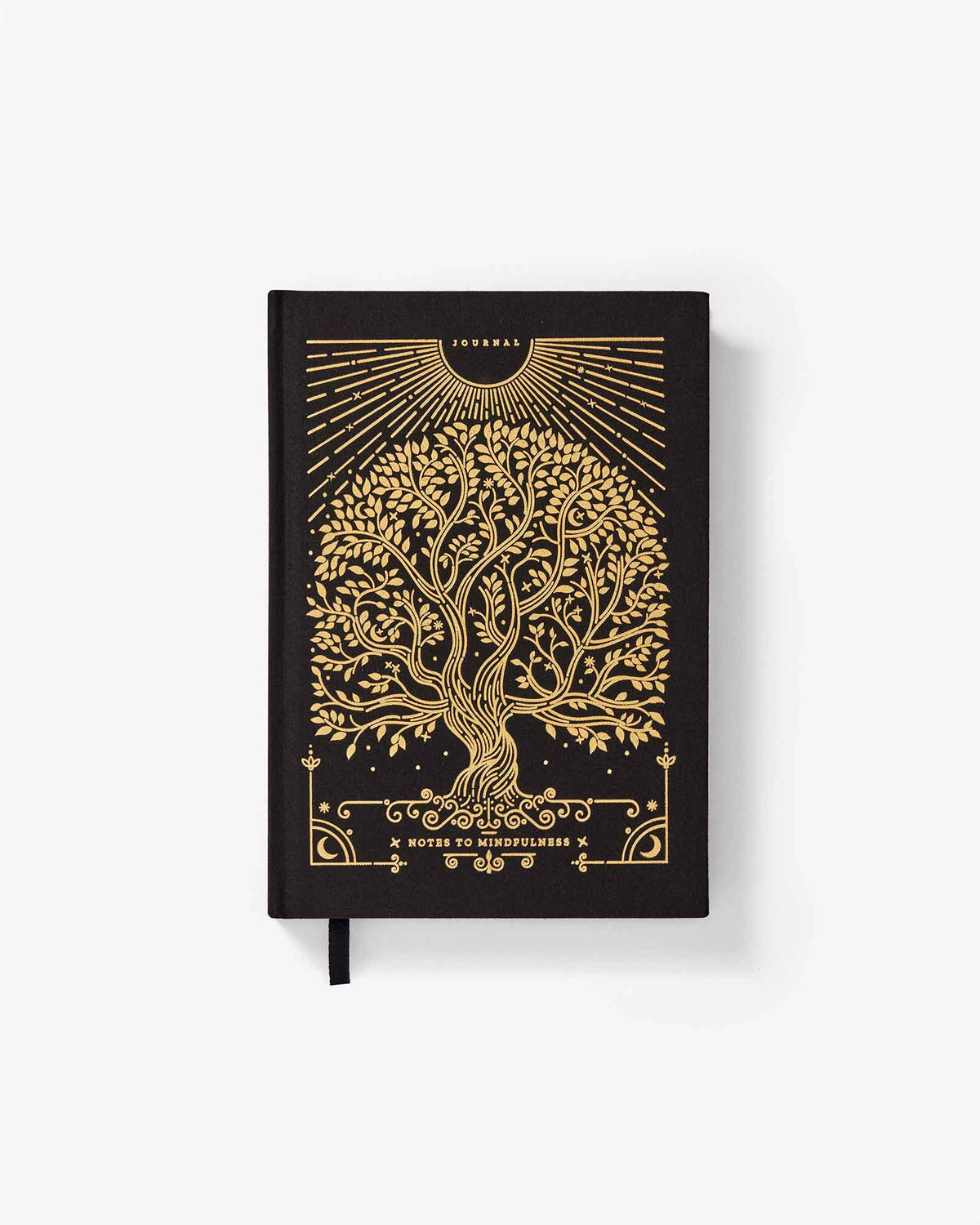 Black notebook with gold tree design on a white background