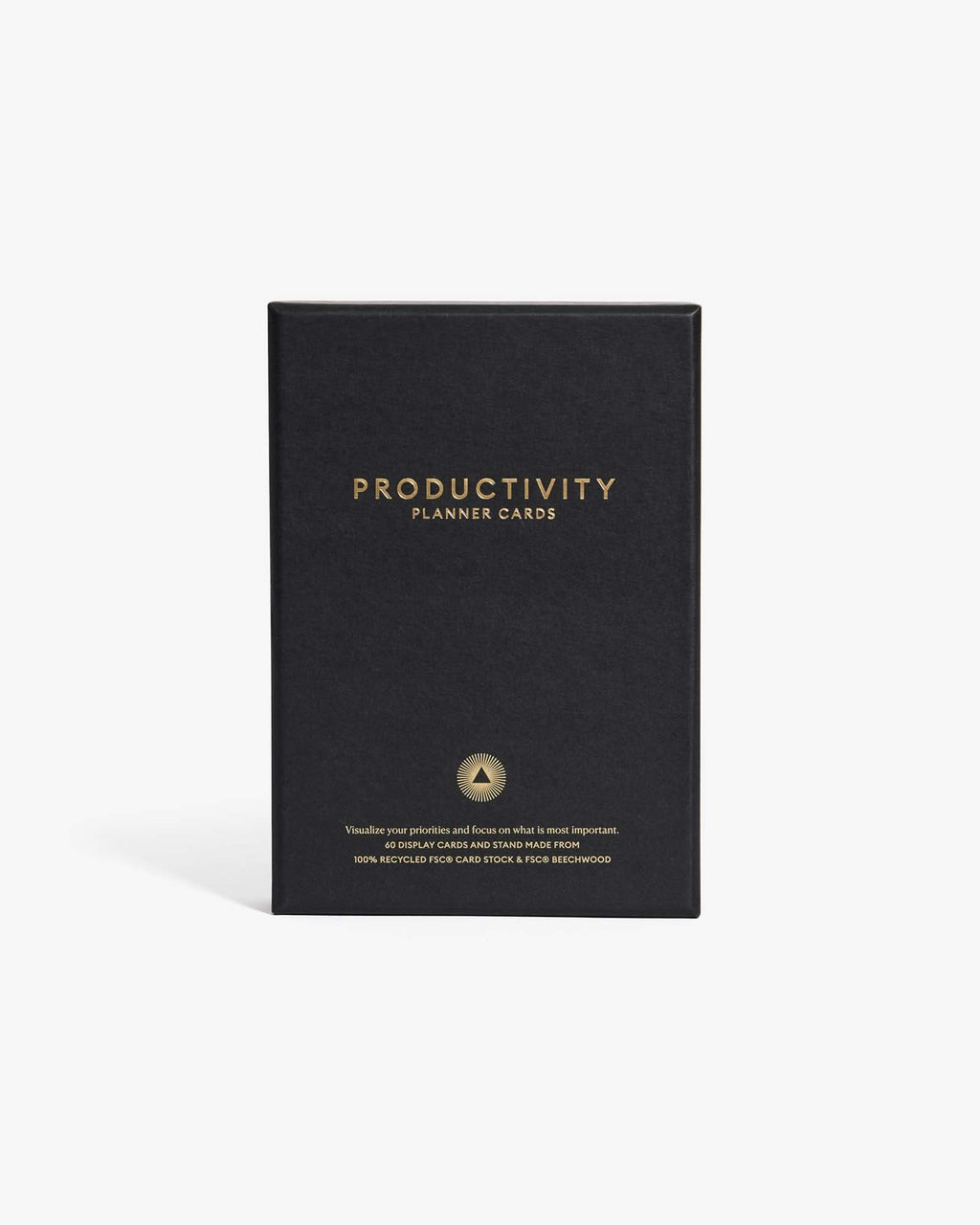 Black productivity planner card box with gold text on a white background