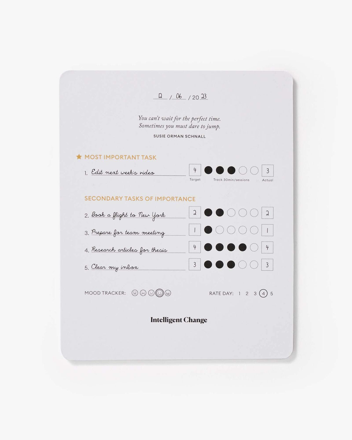 Task management notebook with checkboxes and text on a white background