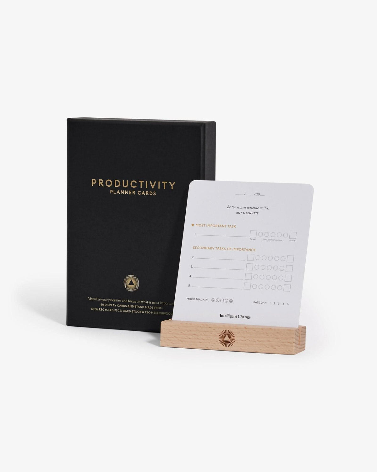 Productivity planner card set with black box and wooden stand on a white background