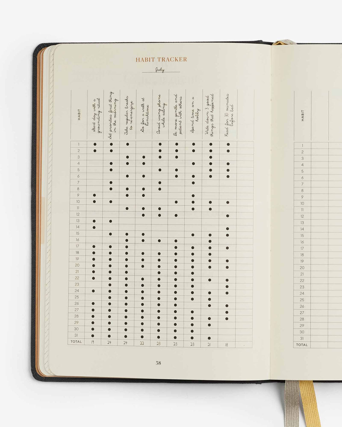 Open notebook with habit tracker page on a white background
