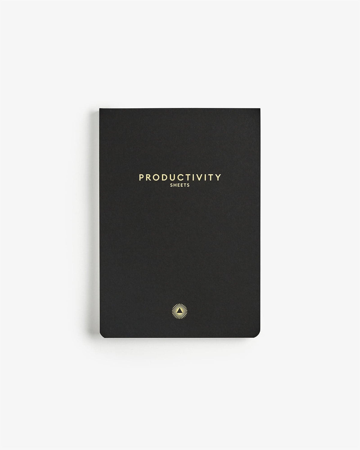Black notebook with 'Productivity' text on a white background