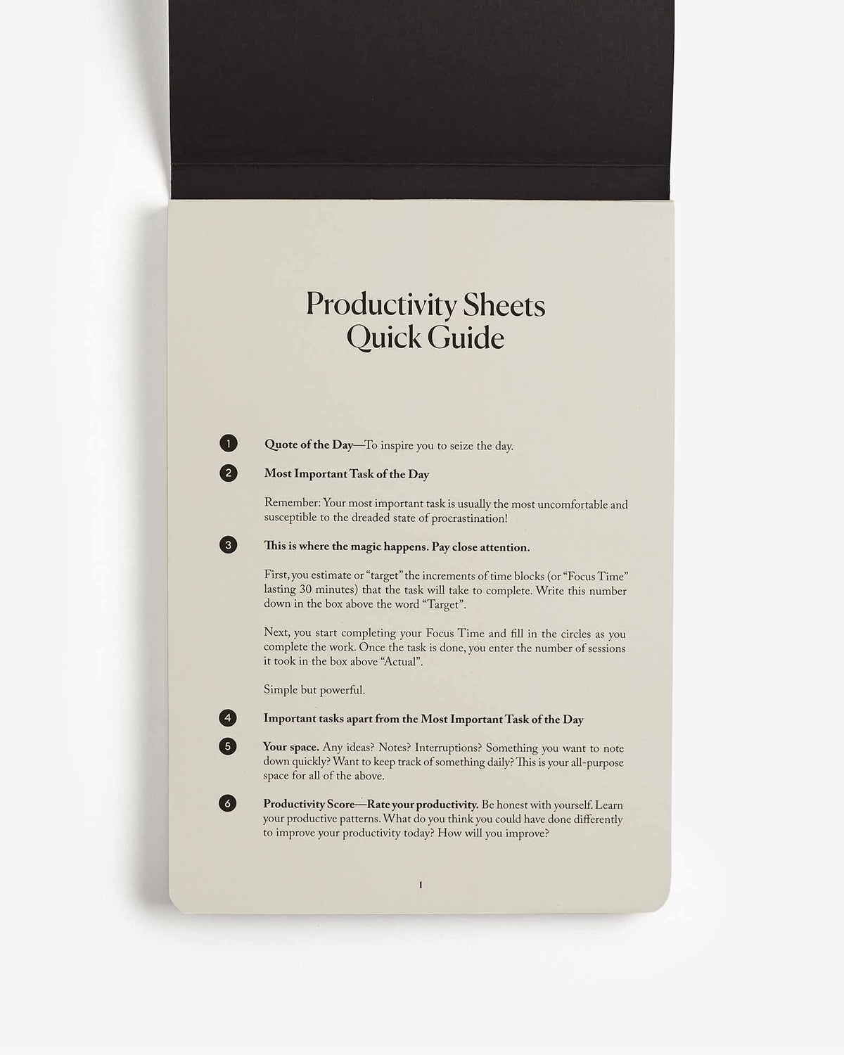 Productivity sheets quick guide with text on a white background