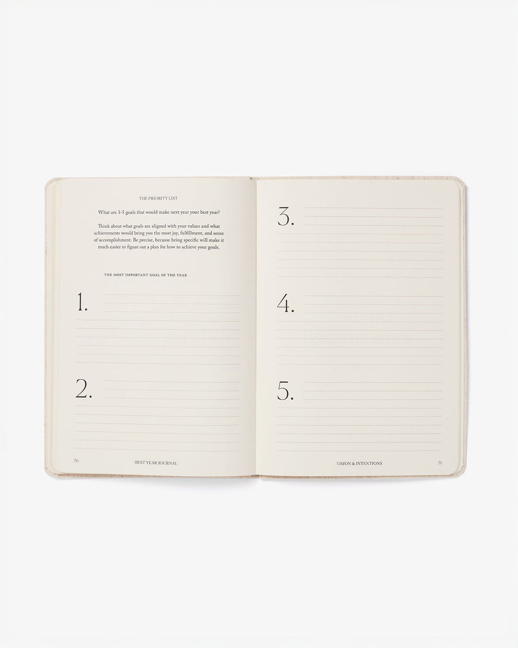Open notebook with numbered pages on a white background