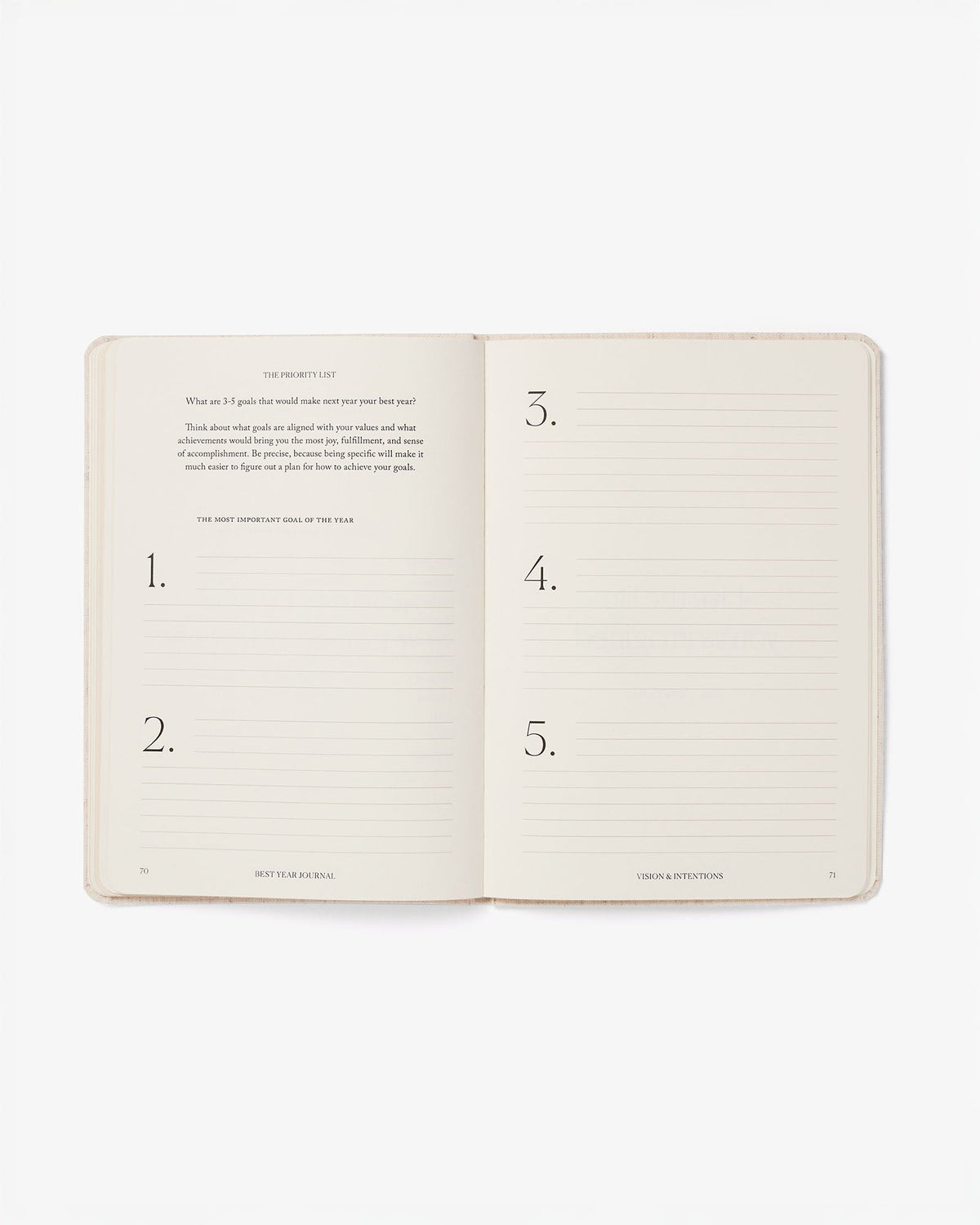 Open notebook with numbered pages on a white background