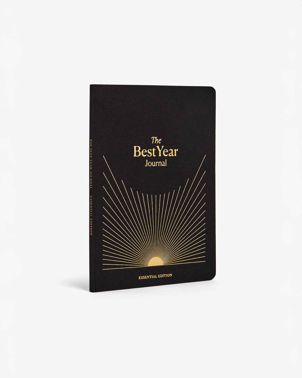 Black journal with gold text and design on a white background
