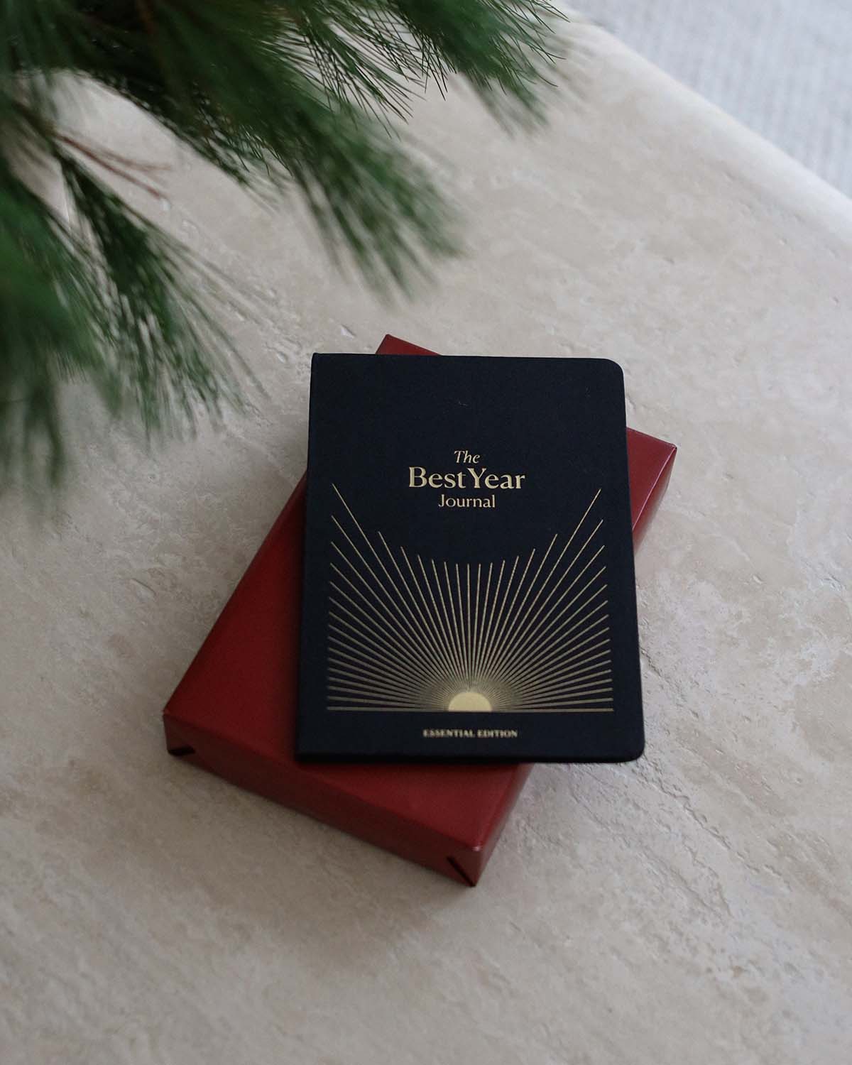 Black 'The Best Year Journal' on a red surface with greenery in the background